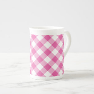 Chic Bone China Mug: Pink, White Check Gingham Mug