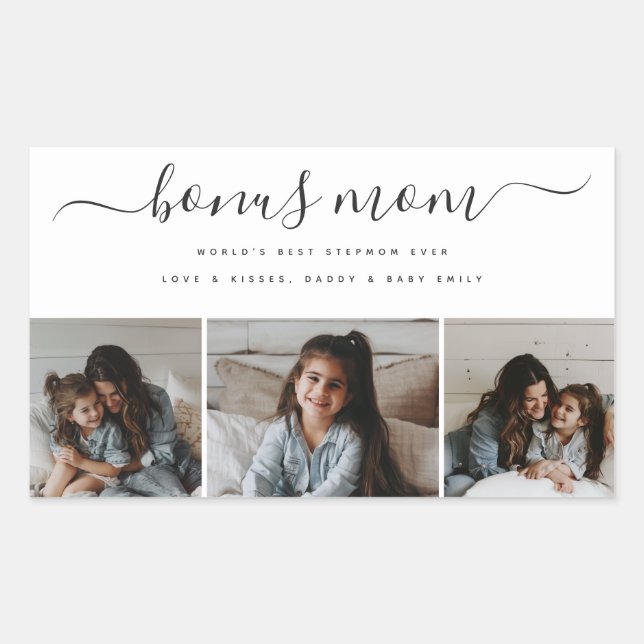 Chic Bonus Mum Photo White Rectangular Mothers Day Sticker (Front)