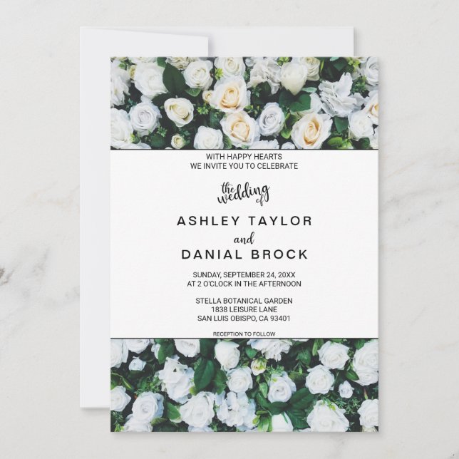 Chic botanical blossoms white roses floral Wedding Invitation (Front)