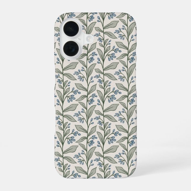 Chic Botanical Blue Florals Green Leaves Art iPhone 16 Case (Back)