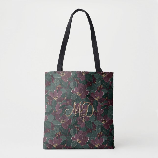 Chic Botanical Floral Deep Emerald Plum Design Tote Bag (Front)