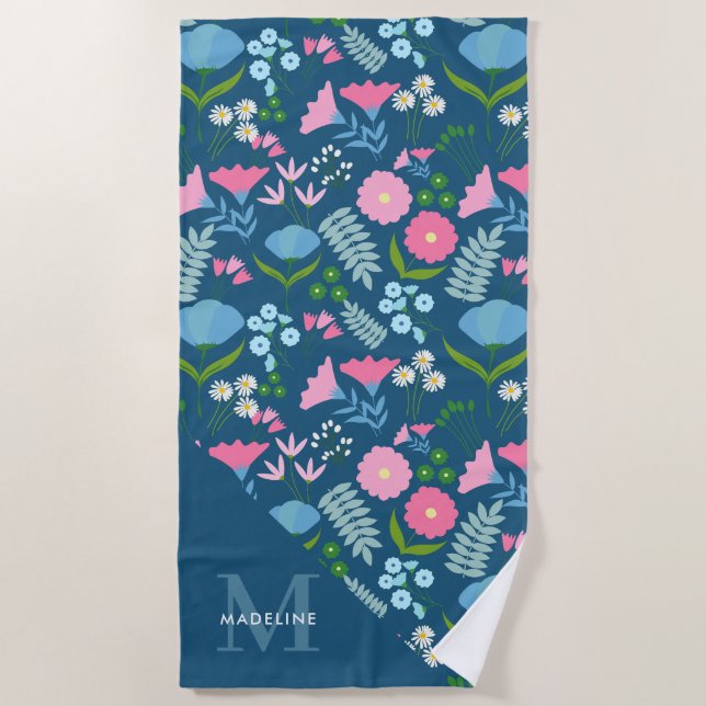 Chic Botanical Floral Elegant Navy Blue Monogram Beach Towel (Front)
