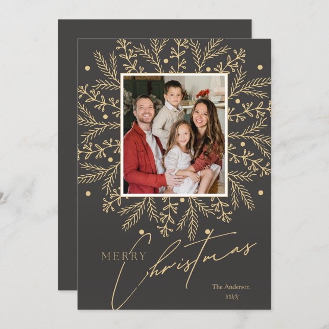 Chic Botanical Frame Photo and Merry Christmas  Holiday Card (Front/Back)