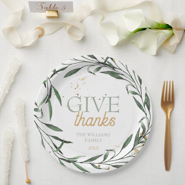 Chic Botanical Greenery Give Thanks Thanksgiving Paper Plate (Wedding)
