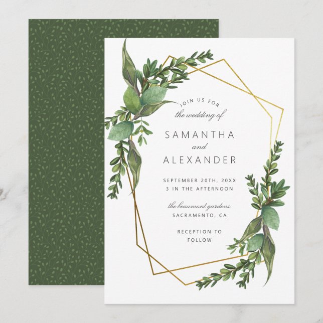 Chic Botanical Greenery & Gold Geometric Wedding Invitation (Front/Back)