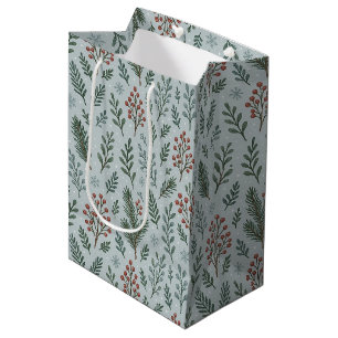 Chic Botanical Holly Berry Floral Pattern Medium Gift Bag