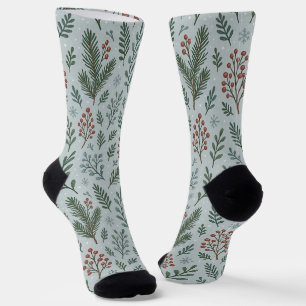 Chic Botanical Holly Berry Floral Pattern Socks