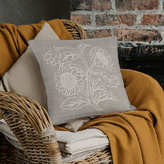 Chic Botanical Ivory Sunflowers Art On Beige Brown Cushion (Creator Uploaded)