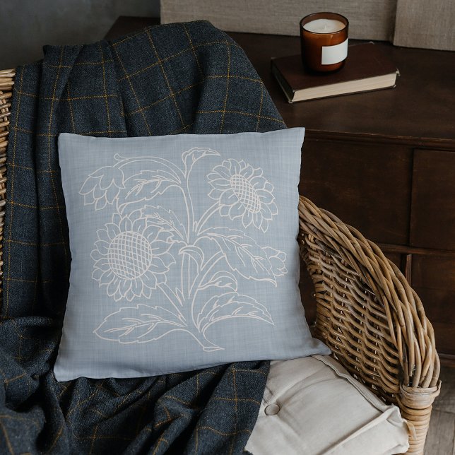 Chic Botanical Ivory Sunflowers On Grey Blue Cushion (Creator Uploaded)