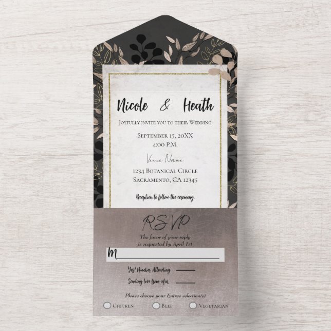 Chic Botanical Leaves Grey Blush Gold Wedding     All In One Invitation