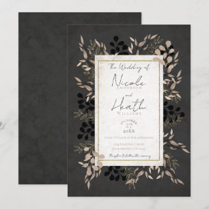 Chic Botanical Leaves Grey Blush Gold Wedding Invitation