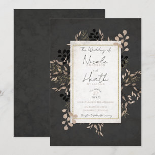 Chic Botanical Leaves Grey Blush Gold Wedding Invitation