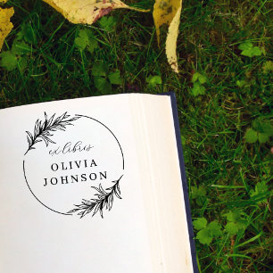 Chic Botanical Leaves Script Ex Libris Custom Name Self-inking Stamp