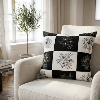 Chic Botanical Line Art Black & White Chequerboard Cushion