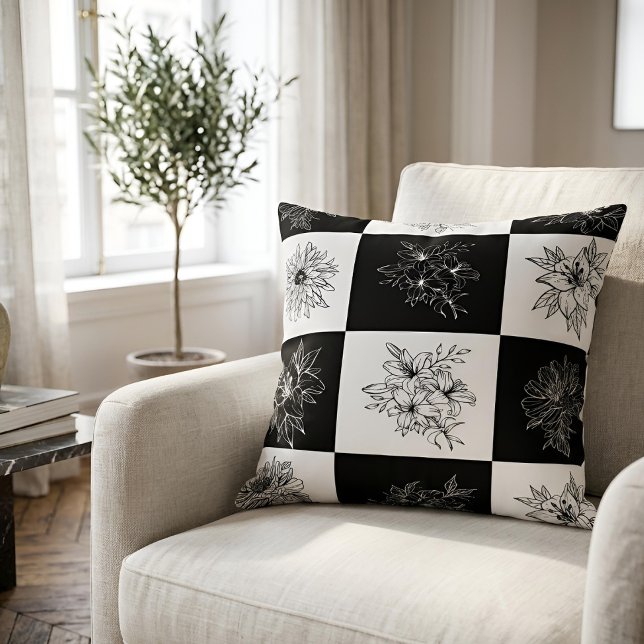 Chic Botanical Line Art Black & White Chequerboard Cushion (Creator Uploaded)