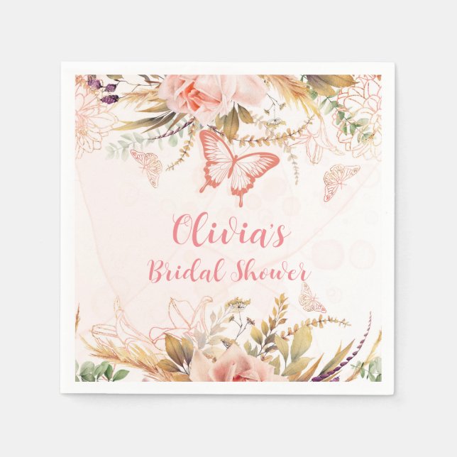Chic Botanical Peony Butterfly Bridal Shower Napkin (Front)