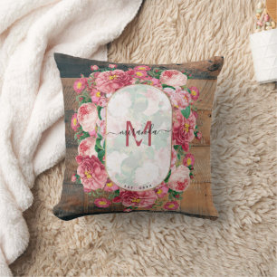 Chic Botanical Vintage Wreath Monogram Wood Cushion