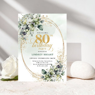 Chic Botanical White Roses 80th Birthday Invite
