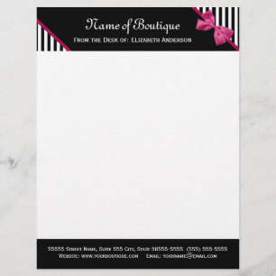 Chic Boutique Black and White Stripes Pink Ribbon Letterhead Template