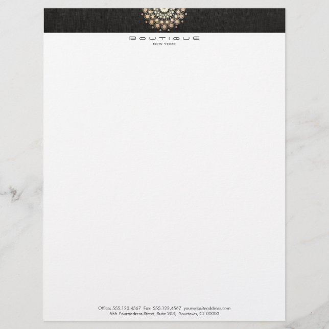 Chic Boutique Gold Circle Motif Faux Black Linen Personalized Letterhead (Front)
