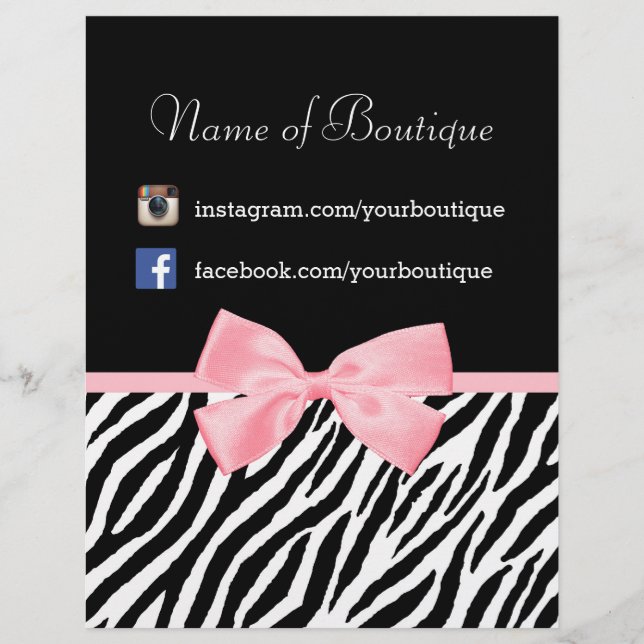 Chic Boutique Zebra Pink Bow Promotional Marketing Flyer (Front)
