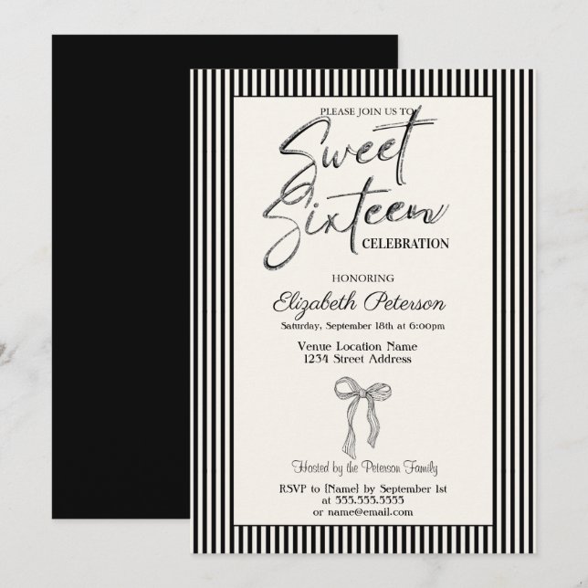 Chic Bow Black Striped Sweet 16 Invitation (Front/Back)