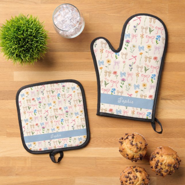Chic Bow Blue Floral Elegance Pattern  Oven Mitt & Pot Holder Set (Top Down)