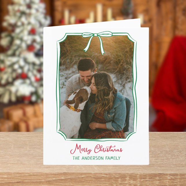 Chic Bow Custom Family Photo Red & Green Christmas Holiday Card (Creator Uploaded)