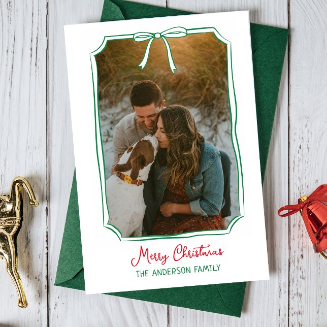 Chic Bow Custom Family Photo Red & Green Christmas Holiday Postcard (Creator Uploaded)