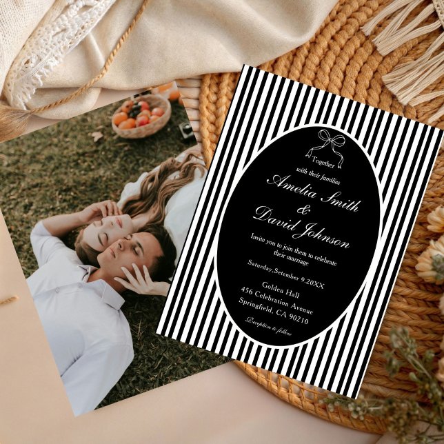 Chic Bow Minimalist Stripe Black white Wedding  Invitation (Creator Uploaded)