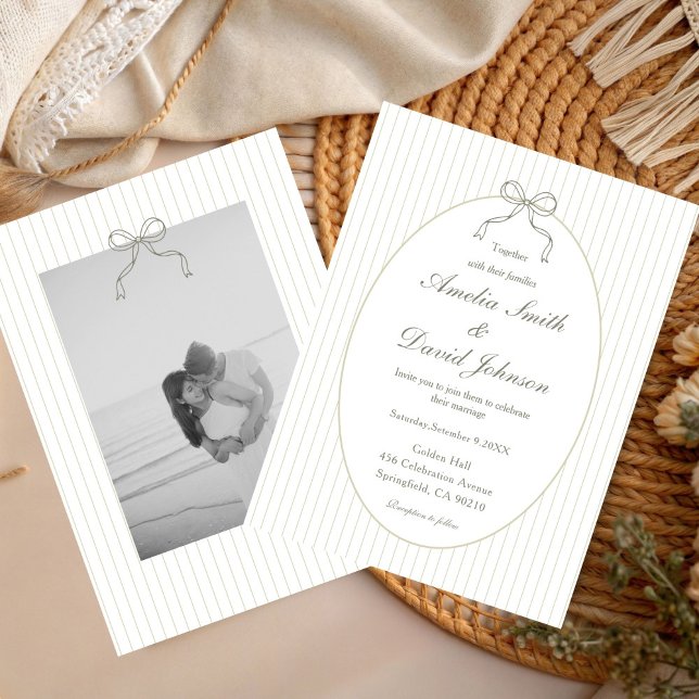 Chic Bow Minimalist Stripe Green Wedding  Invitation (Creator Uploaded)