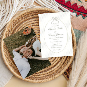 Chic Bow Minimalist Stripe Green Wedding Invitation