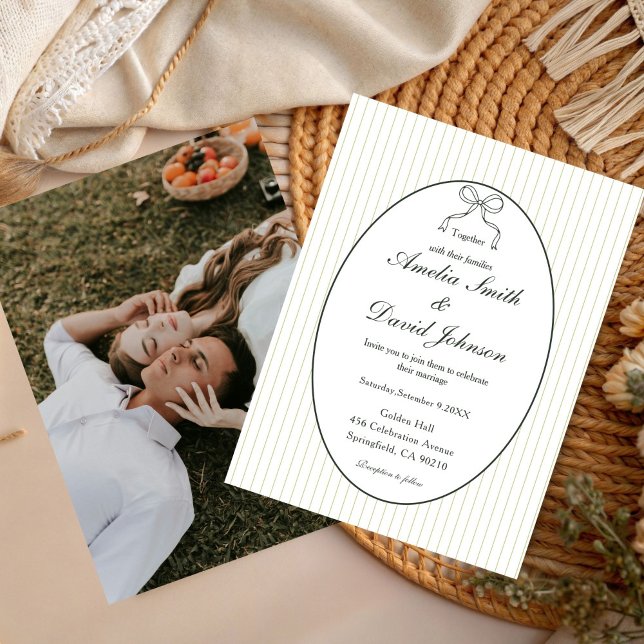 Chic Bow Minimalist Stripe Green Wedding  Invitation (Creator Uploaded)