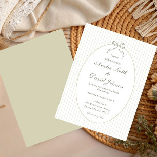 Chic Bow Minimalist Stripe Green Wedding Invitation
