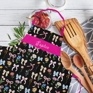 Chic Bow Pink Black Floral Elegance Pattern Baking Apron
