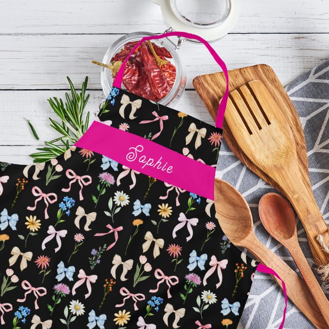 Chic Bow Pink Black Floral Elegance Pattern Baking Apron (Creator Uploaded)