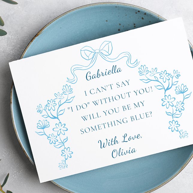 Chic Bow Something Blue Crew Bridal Party Proposal Card (Propose to your bridesmaids with this beautifully designed floral bow 'Something Blue' card.)