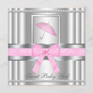 Chic Bowed Silver & Pink Baby Shower Invite