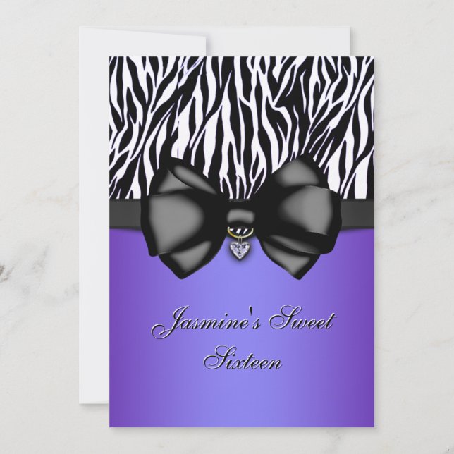 Chic Bowed Zebra Print 5 x 7 Invite [Purple] (Front)