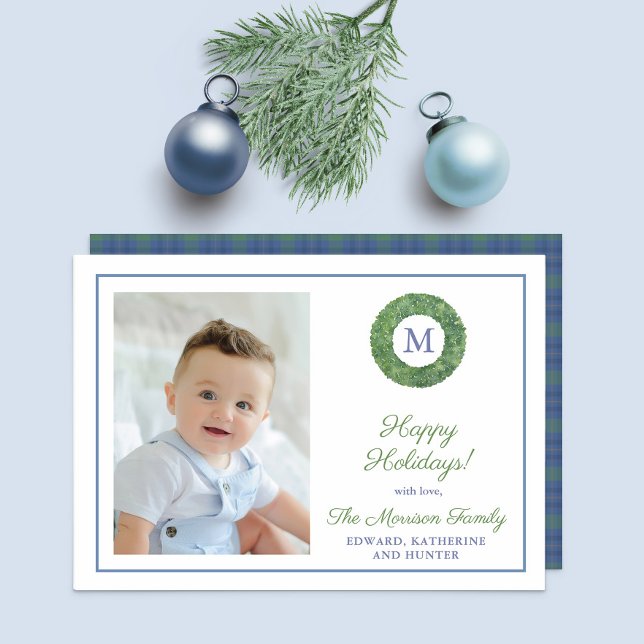 Chic Boxwood Wreath Monogram Tartan Family Photo Holiday Card (Minimalist boxwood wreath with monogram, family photo and tartan plaid reverse)