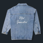 Chic Bridal Customizable White Text Wedding Day  Denim Jacket<br><div class="desc">Celebrate your new chapter in style with this chic bridal jean jacket, featuring customizable white text on the back for the bride’s new last name. Perfect for bachelorette parties, wedding day photo ops, or honeymoon travel, this classic denim jacket combines timeless style with a personal touch. Made from durable, high-quality...</div>