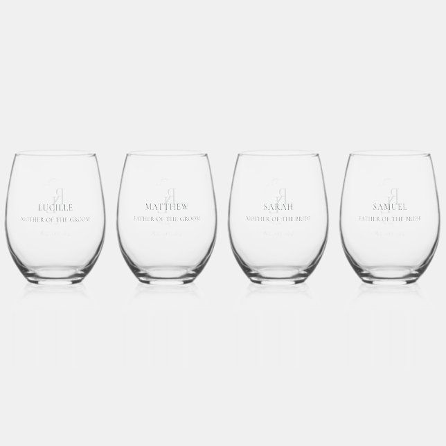 Chic Bridal Party Wedding Monogram 4 Drinkware Set Stemless Wine Glass (Front)
