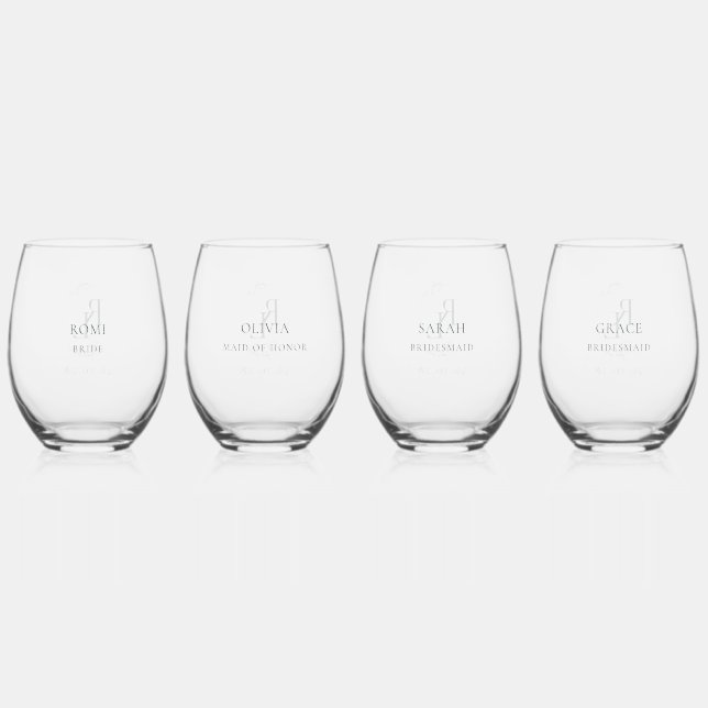 Chic Bridal Party Wedding Monogram 4 Drinkware Set Stemless Wine Glass (Front)