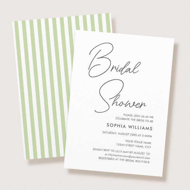 Chic Bridal Shower Modern Script Green Stripes Invitation (Creator Uploaded)