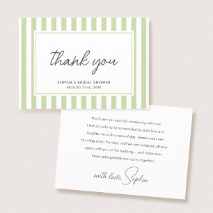 Chic Bridal Shower Modern Script Green Stripes Thank You Card