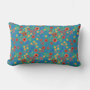 Chic Bright Floral Miniprint on Teal Lumbar Pillow