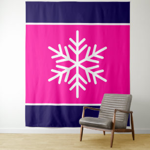 Chic Bright Pink Navy Blue Stripes White Snowflake Tapestry