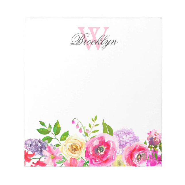Chic Bright Pink Purple Floral Monogrammed Notepad (Front)