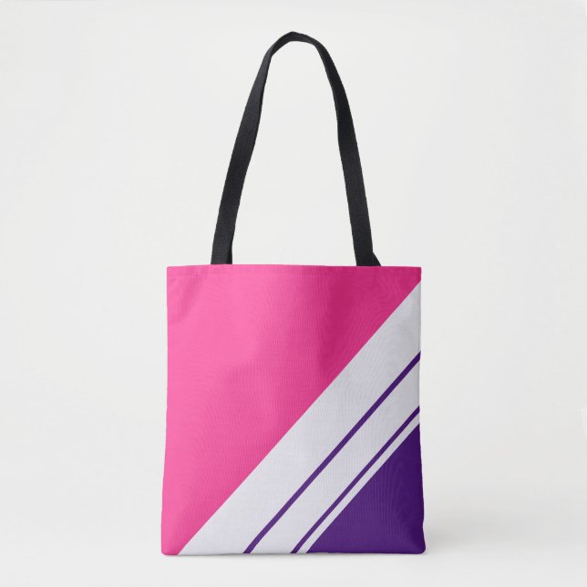 Chic Bright Pink Royal Purple White Racing Stripes Tote Bag (Front)
