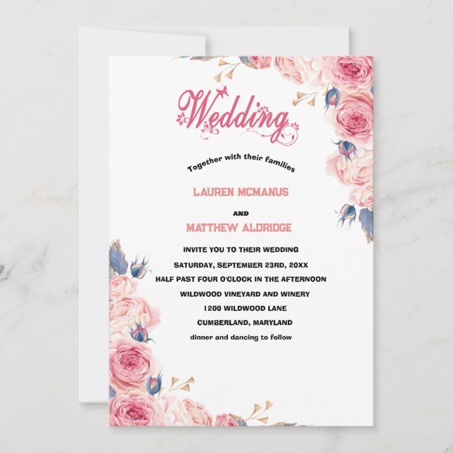 Chic Bright Pink Watercolor Floral Wedding  Invitation (Front)